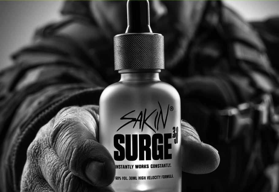 Skincare serum bottle held by a gloved hand