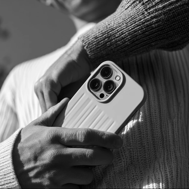 Monochrome campaign image of a phone held against a knitted sweater